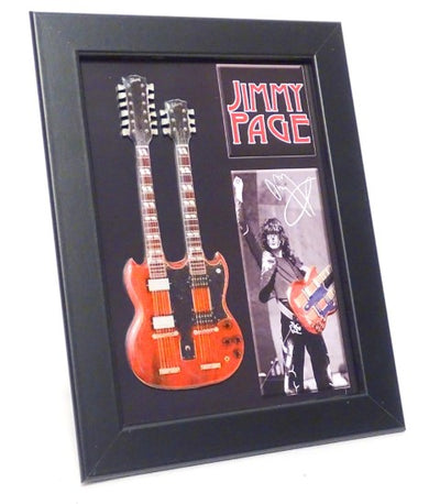 Mini chitarra double neck in stile Jimmy Page FMG-011 con possibilità di personalizzazione tramite incisione, ideale come regalo - cornice in legno 1,3 cm x 16 cm x 21,4 cm, struttura in acciaio
