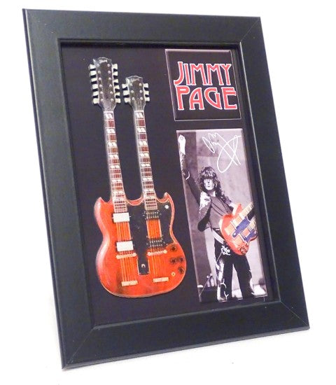 Mini chitarra double neck in stile Jimmy Page FMG-011 con possibilità di personalizzazione tramite incisione, ideale come regalo - cornice in legno 1,3 cm x 16 cm x 21,4 cm, struttura in acciaio