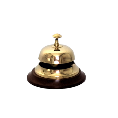 Gong in ottone per hotel su base in legno TB27/4 con possibilità di personalizzazione tramite incisione, elegante regalo in colore oro e marrone, altezza 11 cm, diametro 12 cm