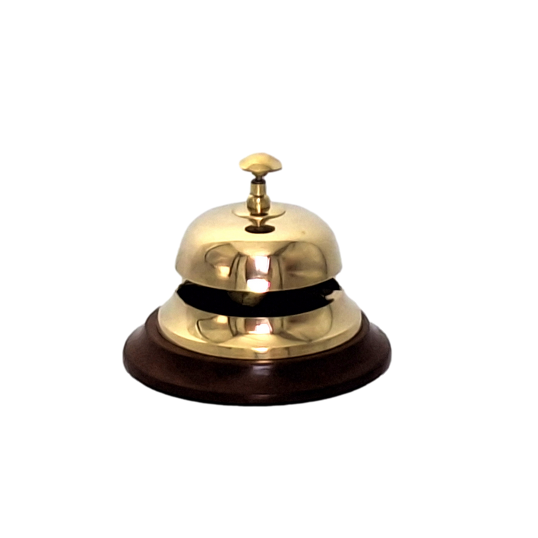 Gong in ottone per hotel su base in legno TB27/4 con possibilità di personalizzazione tramite incisione, elegante regalo in colore oro e marrone, altezza 11 cm, diametro 12 cm