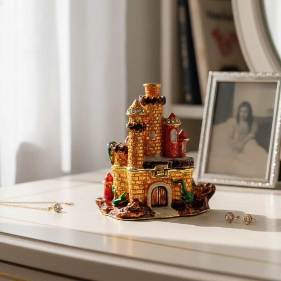 Scatola portagioie decorata con cristalli a forma di castello con possibilità di incisione personalizzata