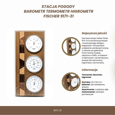 Stazione meteorologica Fischer 9171-31 con barometro, igrometro e termometro su base in legno con opzione di personalizzazione con incisione