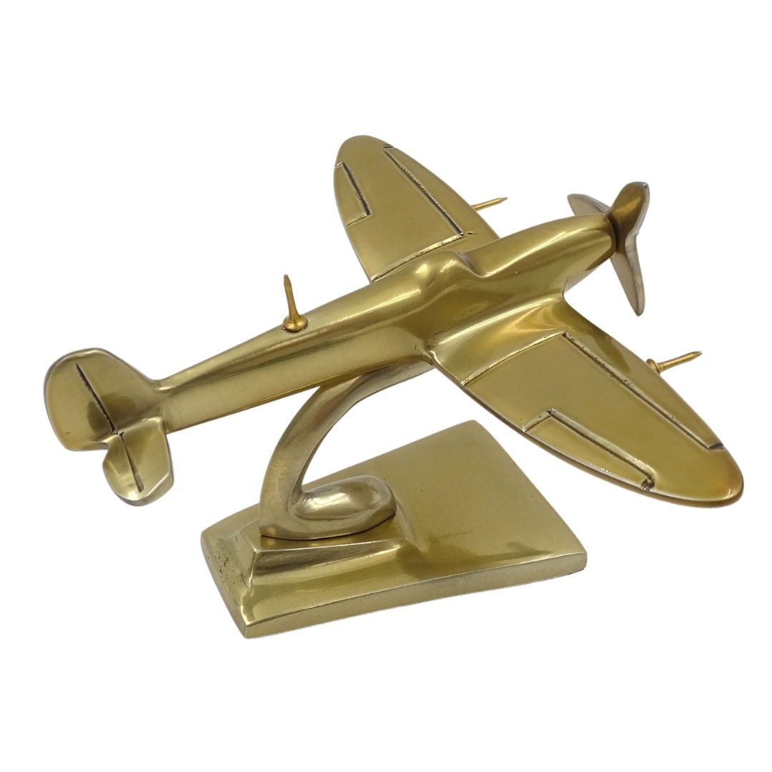 Modello di aereo Spitfire dorato WWII caccia con possibilità di personalizzazione tramite incisione – elegante regalo per appassionati di aviazione, realizzato in alluminio, dimensioni 15 × 13 × 8 cm