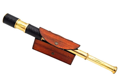 Cannocchiale da capitano rétro in ottone, in custodia di pelle, con possibilità di personalizzazione tramite incisione