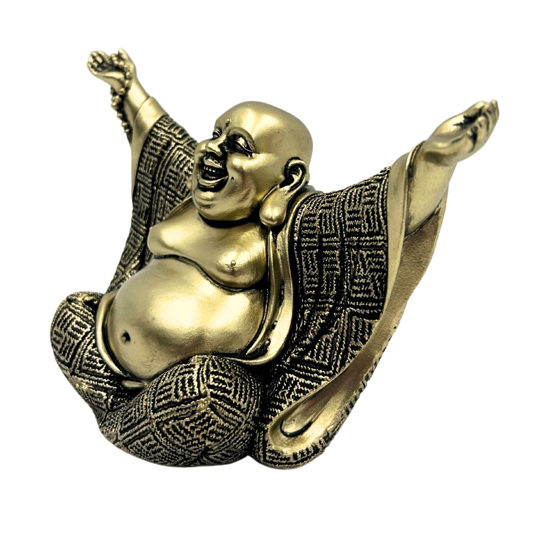 Statuetta di Buddha gioioso in oro con possibilità di incisione personalizzata - elegante decorazione regalo alta 17,1 cm in polyresina, simbolo di ricchezza e felicità