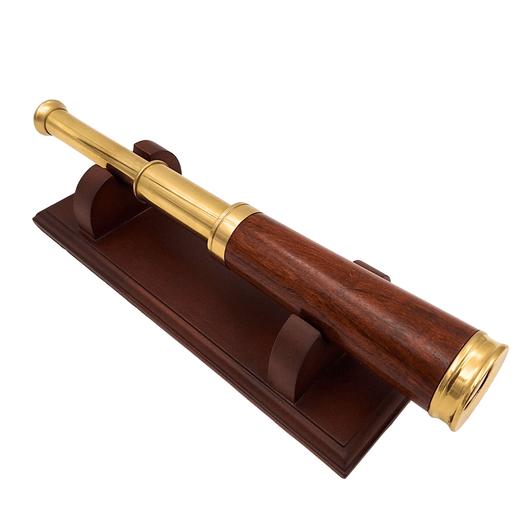 Cannocchiale in ottone e legno con possibilità di incisione personalizzata su elegante base in legno