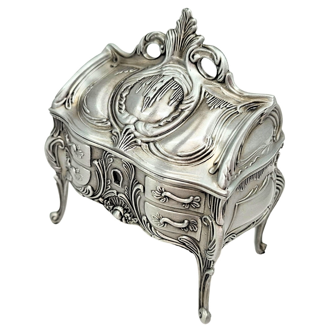 Scatola per Gioielli in Metallo Argento Retrò 2056M con Possibilità di Incisione - Regalo Elegante per la Festa della Mamma o Compleanno, Dimensioni 9,7 x 10 x 6,7 cm, Stile Rococò con Ornamenti Floreali
