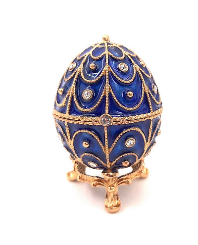 Scatola esclusiva in metallo con cristalli a forma di uovo Fabergé, blu navy e oro, 5,5x6,5 cm con possibilità di personalizzazione tramite incisione
