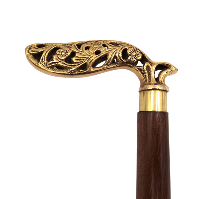 Elegante bastone pieghevole in legno con manico riccamente decorato in marrone e oro con possibilità di personalizzazione con incisione