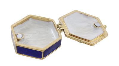 Elegante scatola regalo in metallo con cristalli B0035-08BL in colorazione blu navy e oro con possibilità di personalizzazione tramite incisione