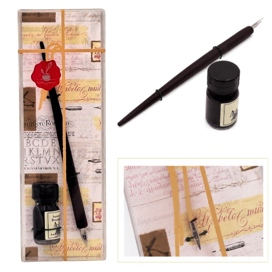 Elegante set per calligrafia con penna in legno e inchiostro nero, possibilità di personalizzazione con incisione, ideale come regalo per amanti della scrittura, in confezione decorativa 7,5 x 22 x 3 cm