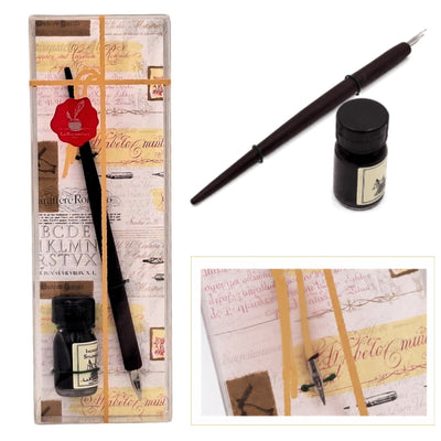 Elegante set per calligrafia con penna in legno e inchiostro nero, possibilità di personalizzazione con incisione, ideale come regalo per amanti della scrittura, in confezione decorativa 7,5 x 22 x 3 cm