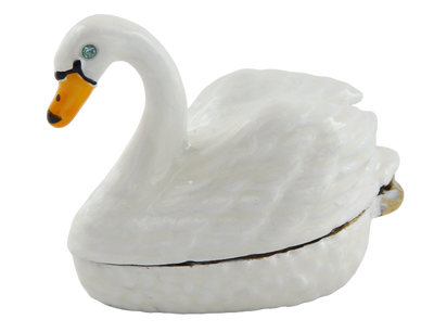 Elegante scatola regalo in metallo a forma di cigno con possibilità di personalizzazione tramite incisione, bianco e oro, ideale per conservare gioielli - dimensioni 5x3,7x2,7 cm