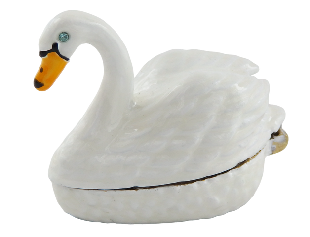 Elegante scatola regalo in metallo a forma di cigno con possibilità di personalizzazione tramite incisione, bianco e oro, ideale per conservare gioielli - dimensioni 5x3,7x2,7 cm