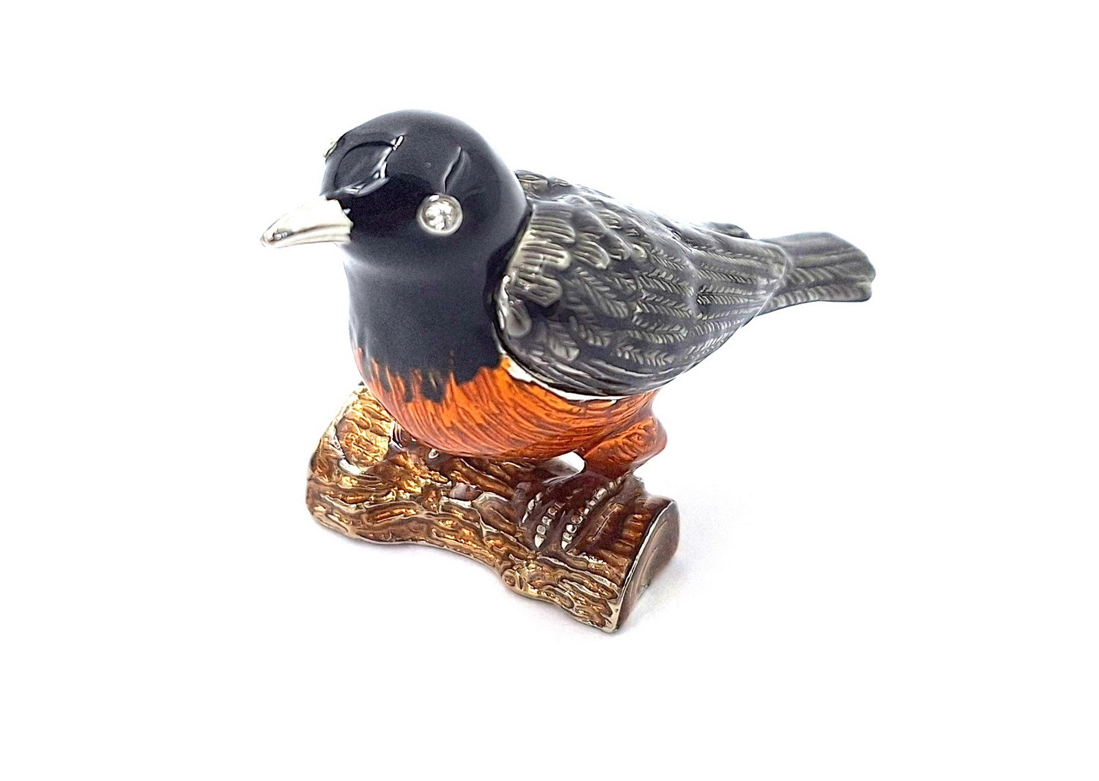 Scatoletta in metallo a forma di uccellino con cristalli, personalizzabile con incisione, ideale come regalo - nero, argento, marrone, arancione, dimensioni 5x6x5 cm, materiale: metallo, smalto, cristallo