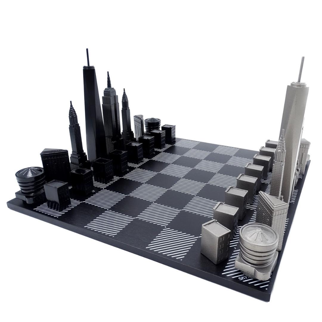 Scacchi New York Skyline in acciaio inox con incisione