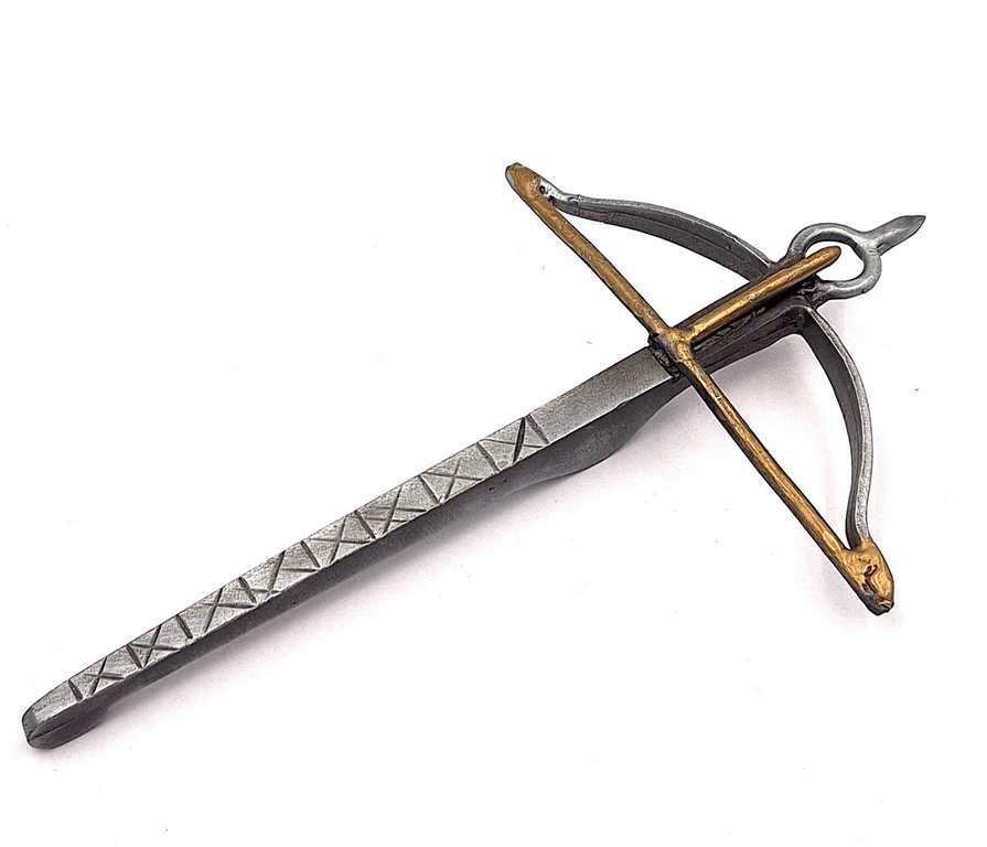 Piccola replica metallica di balestra con possibilità di personalizzazione con incisione – Decorazione argento e oro di dimensioni 14cm x 8,5cm