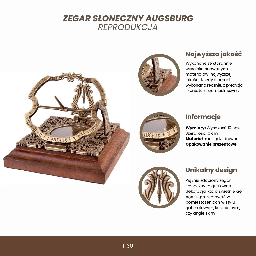 Orologio Solare in Ottone Habsburg H30 con possibilità di personalizzazione incisa, ideale come regalo, in elegante stile augsburghese, altezza 10 cm, su base in legno