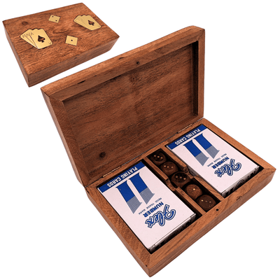 Elegante set di giochi di carte e dadi in scatola di legno con decorazioni in ottone