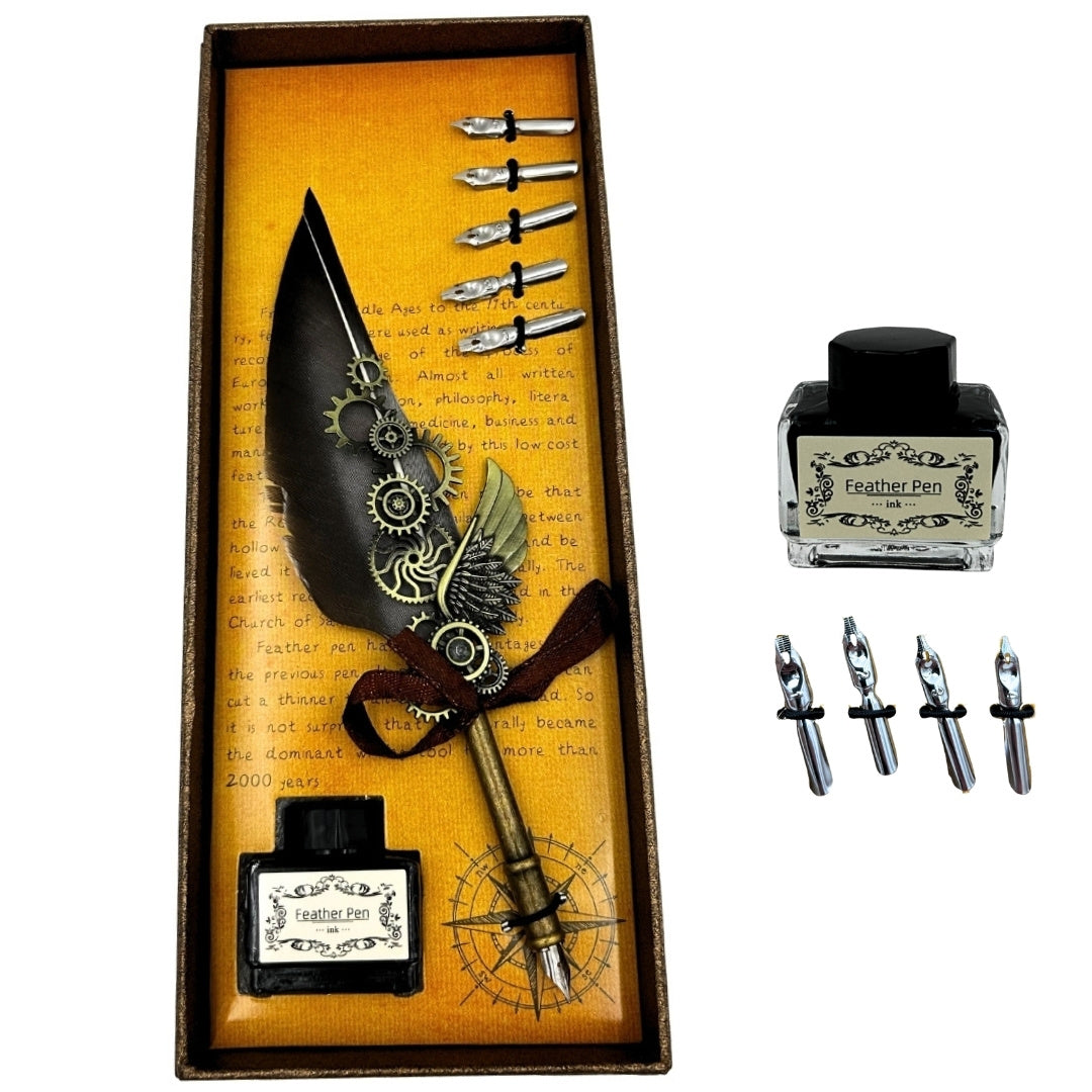 Elegante set per calligrafia retrò con penna d’oca grigia, 6 pennini, inchiostro da 15 ml e opzione di personalizzazione con incisione