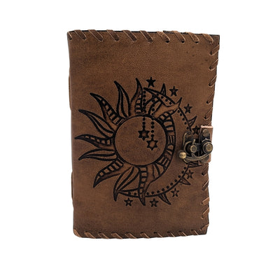 Taccuino in pelle retrò Sole e Luna 200 pagine con possibilità di personalizzazione con incisione, beige-marrone, ideale come regalo per artisti o amanti della magia quotidiana