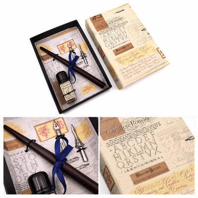 Set da calligrafia con incisione personalizzata - penna italiana con due pennini e calamaio, perfetto come regalo - confezione elegante 12,5x8,5x3cm