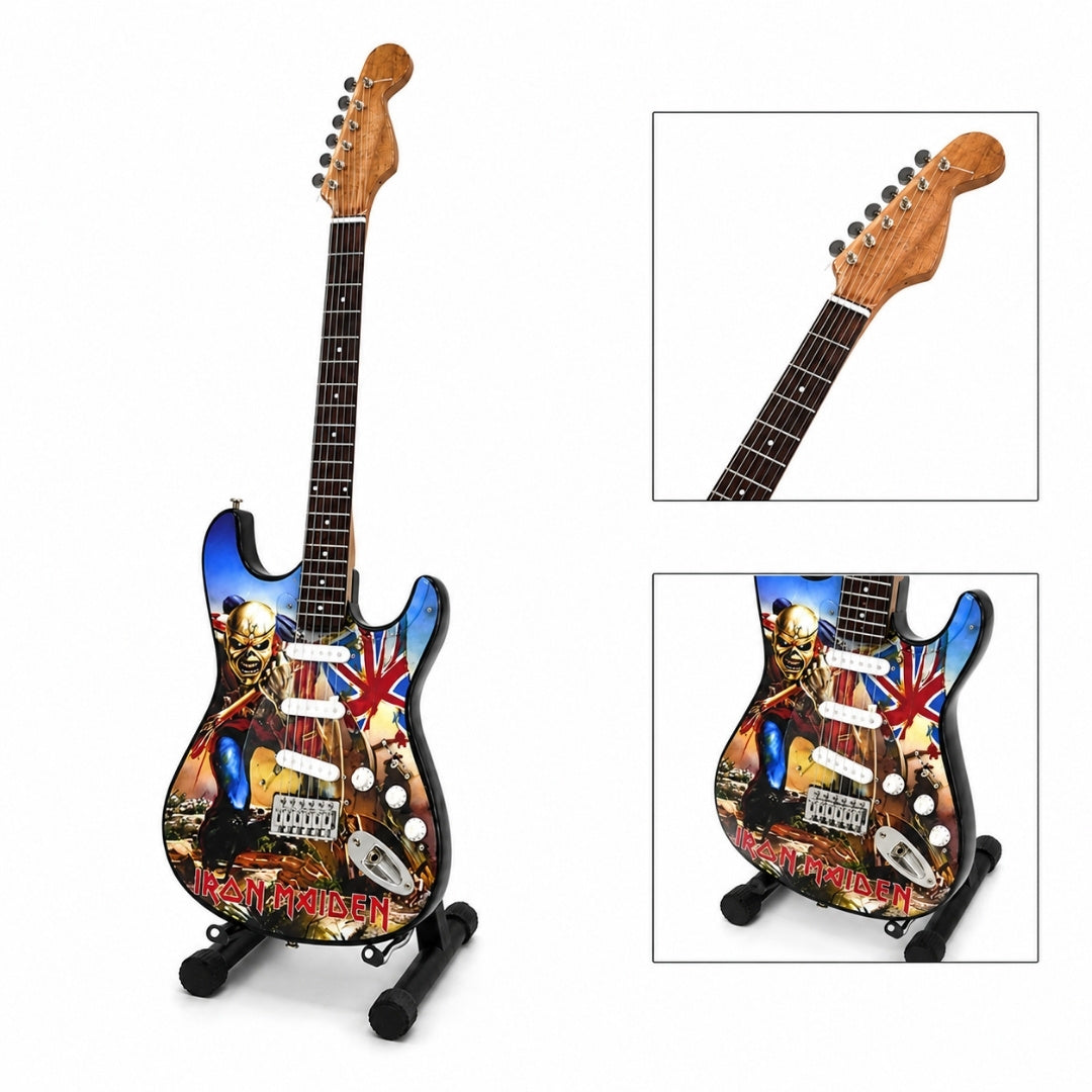 Mini chitarra decorativa Iron Maiden “The Trooper” in mogano - Ornamento fatto a mano per appassionati di musica