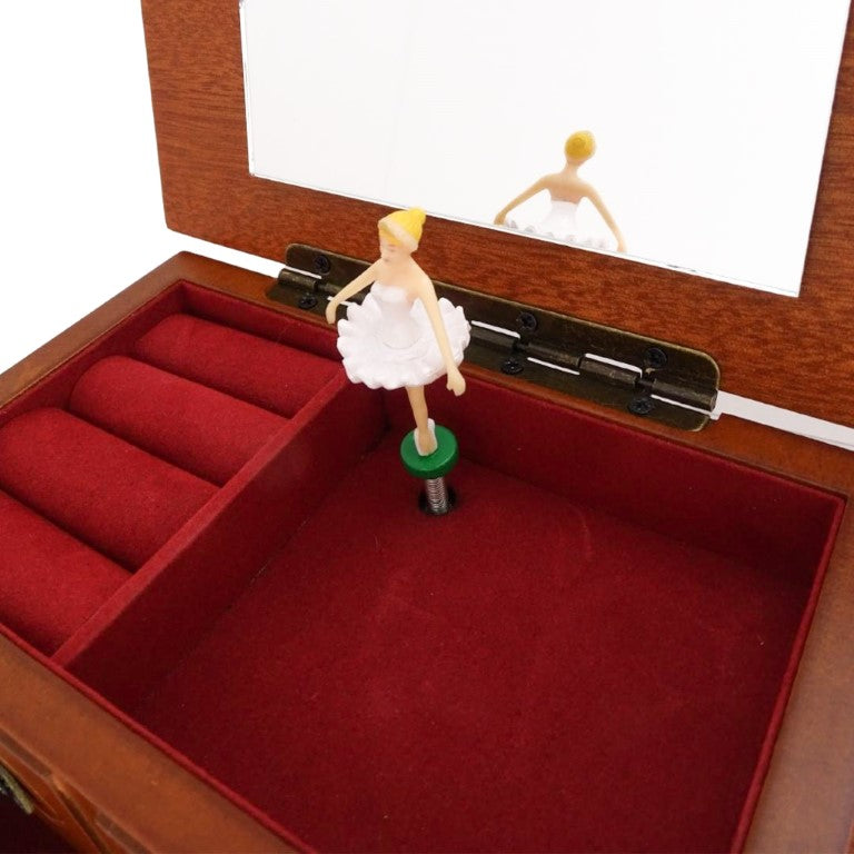 Carillon-portagioie in legno con specchietto e incisione: elegante regalo per gioielli con due cassetti, altezza 10 cm, melodia "The Entertainer"
