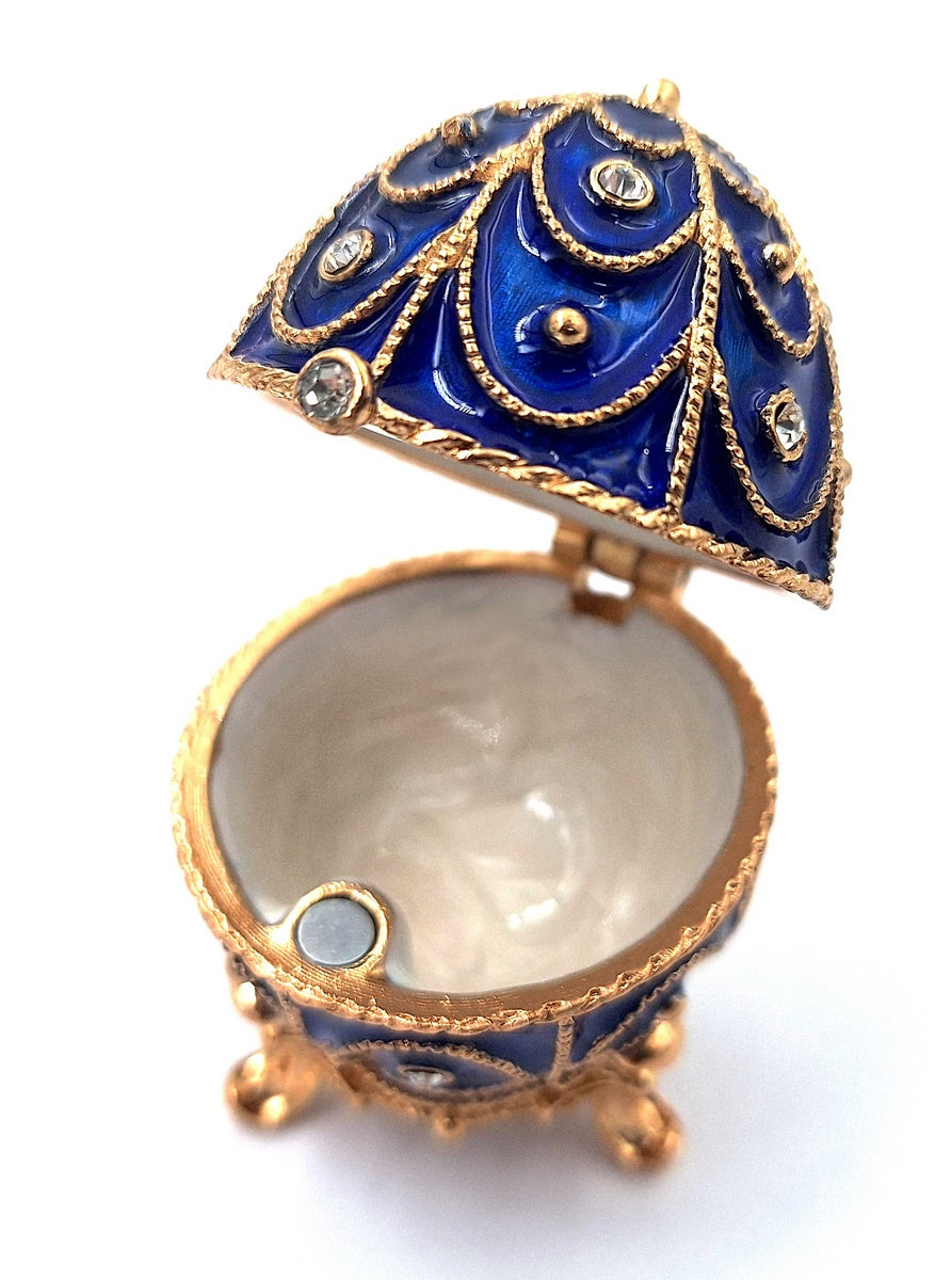 Scatola esclusiva in metallo con cristalli a forma di uovo Fabergé, blu navy e oro, 5,5x6,5 cm con possibilità di personalizzazione tramite incisione