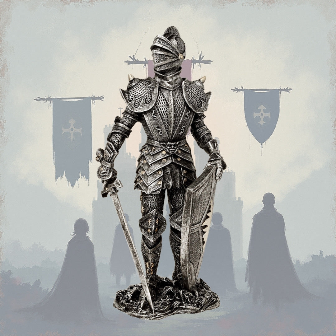 Figura Decorativa Cavaliere in Armatura Argento 30 cm con Possibilità di Incisione Personalizzata - Regalo Elegante per Amanti della Storia e del Fantasy, Dipinta a Mano in Poliresina