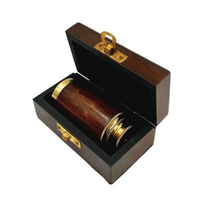 Cannocchiale in ottone con incisione in scatola di legno – elegante regalo in stile retrò, ideale per decorare ufficio o studio, altezza 15,5 cm, materiale: ottone e legno