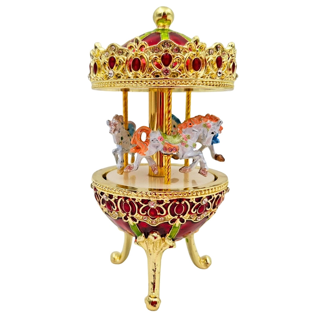 Carillon Musicale Giostra con Incisione - Elegante Decorazione in Oro e Rosso, 14 cm