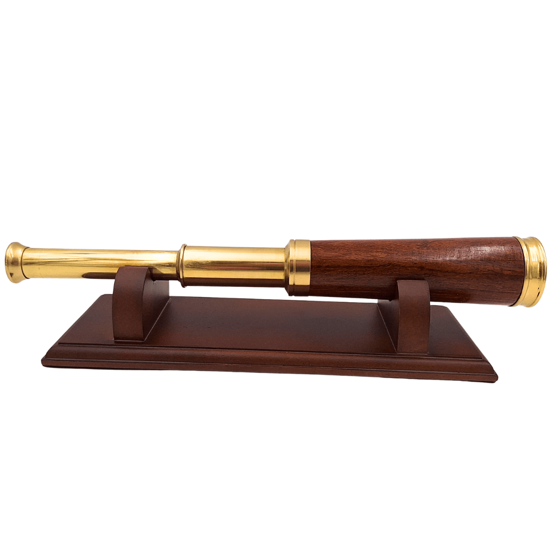 Cannocchiale in ottone e legno con possibilità di incisione personalizzata su elegante base in legno