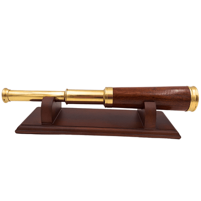 Cannocchiale in ottone e legno con possibilità di incisione personalizzata su elegante base in legno