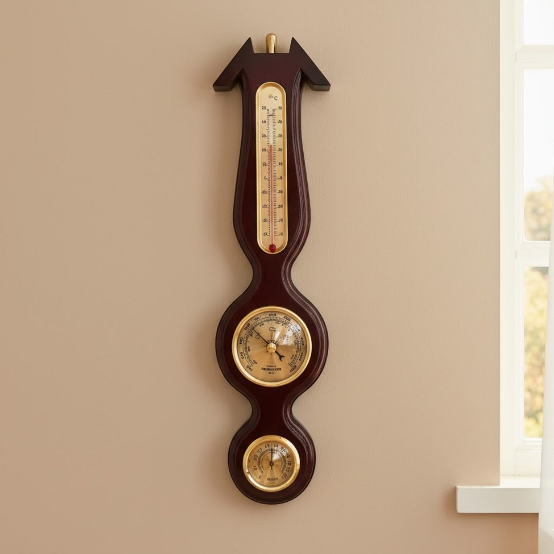 Elegante stazione meteorologica 3 in 1 con incisione – termometro, barometro, igrometro in legno scuro, 40 cm