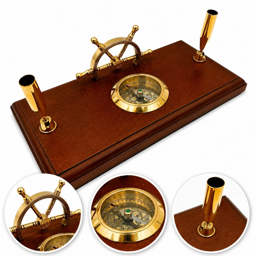 Set da Scrivania Marinaro con Incisione – Timone, Bussola, Portapenne in Legno Lucidato e Ottone