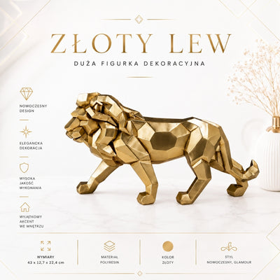 Grande figura Leone dorato 43 cm con possibilità di personalizzazione con incisione - elegante decorazione da regalo, polyresina di alta qualità, stile moderno glamour
