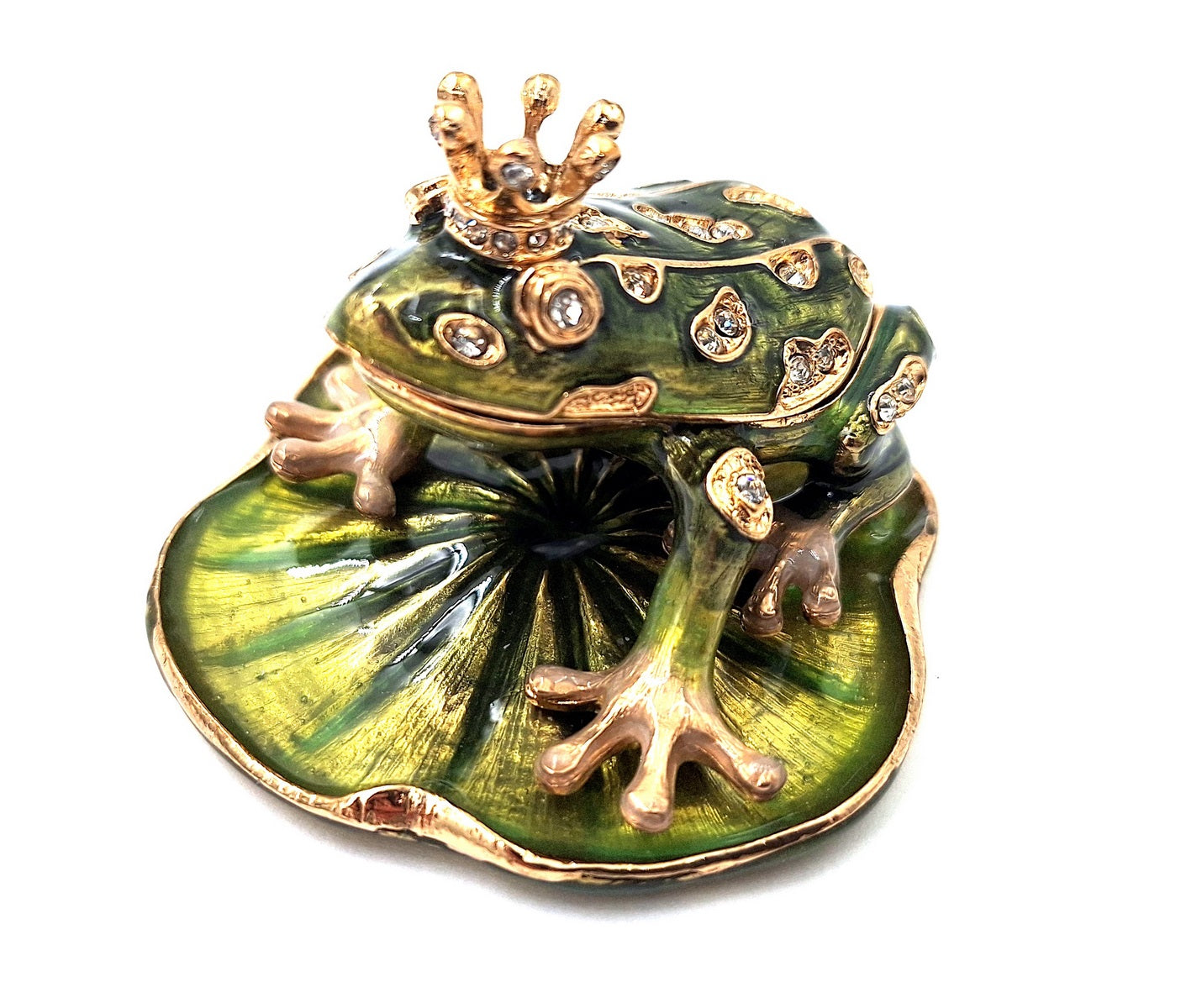 Scatoletta esclusiva in metallo a forma di rana con cristalli, verde scuro e oro, possibilità di personalizzazione tramite incisione, ideale come regalo, dimensioni 6,5x6,7x4,5 cm