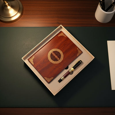 Set regalo esclusivo premium taccuino A5 con copertina in legno e penna – personalizzazione con incisione, ideale come regalo per capo, insegnante, artista – marrone scuro con elementi dorati