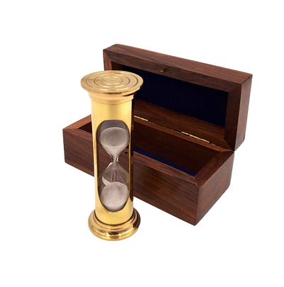 Clessidra di sabbia ROUND STP99 in scatola di legno con possibilità di personalizzazione tramite incisione, in ottone dorato, 3 minuti, regalo ideale per gli appassionati di RPG e detentori di record Guinness