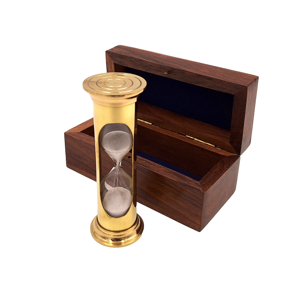 Clessidra di sabbia ROUND STP99 in scatola di legno con possibilità di personalizzazione tramite incisione, in ottone dorato, 3 minuti, regalo ideale per gli appassionati di RPG e detentori di record Guinness