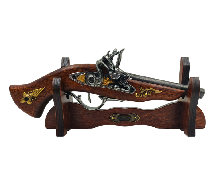 Replica della Pistola Italiana del XVII Secolo su Supporto con Possibilità di Incisione Personalizzata - Elegante Elemento Decorativo da Regalo, Realizzata in Legno e Metallo Lucido, Lunghezza 30 cm