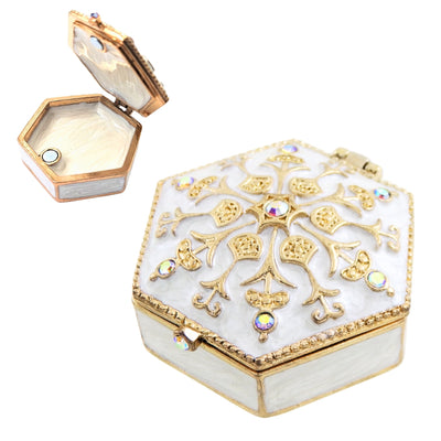 Elegante scatoletta regalo in metallo con cristalli B0035-08WH, bianco e oro, possibilità di personalizzazione tramite incisione, ideale per gioielli e piccoli oggetti, 5x5x2 cm