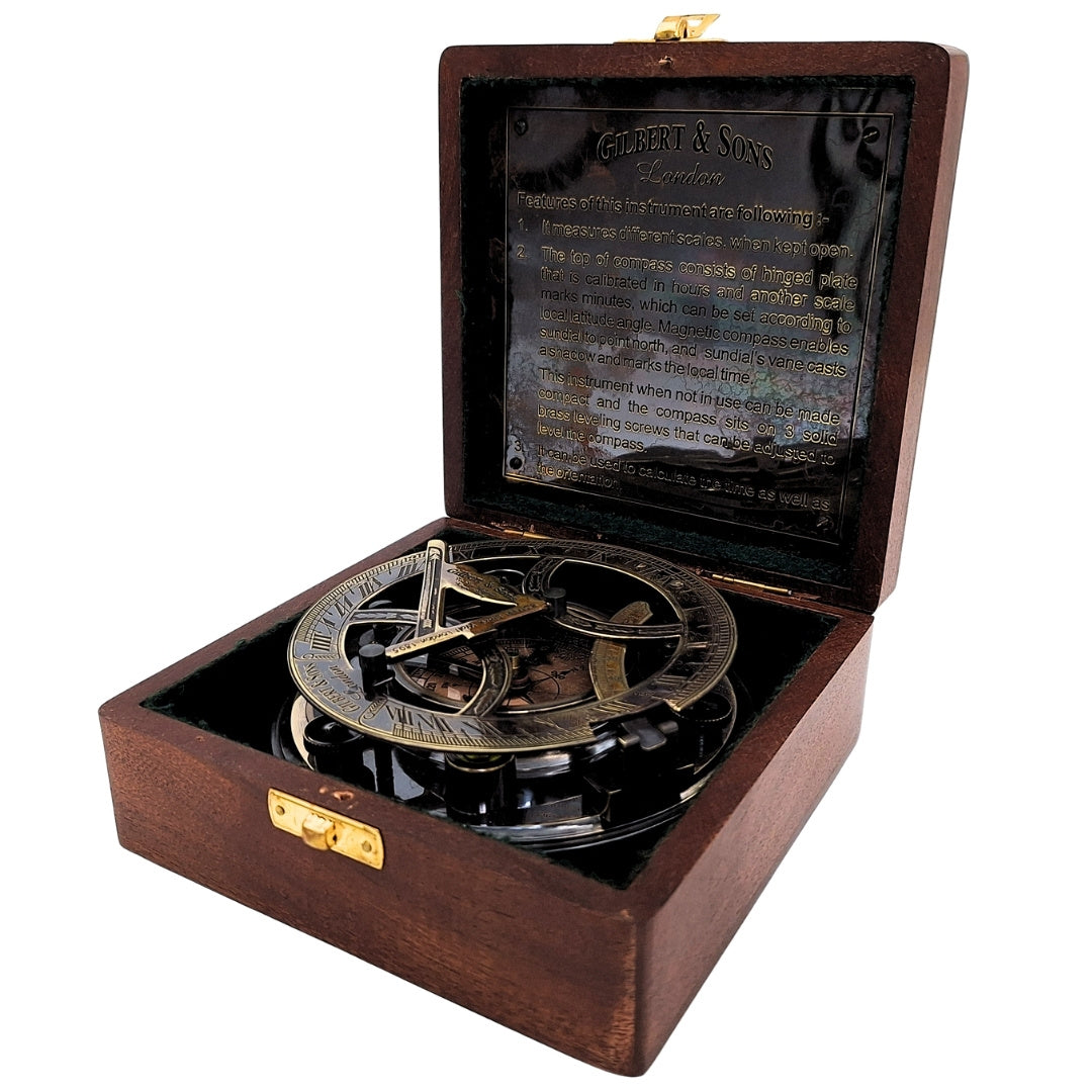 Bussola in ottone con orologio solare in scatola di legno con possibilità di incisione