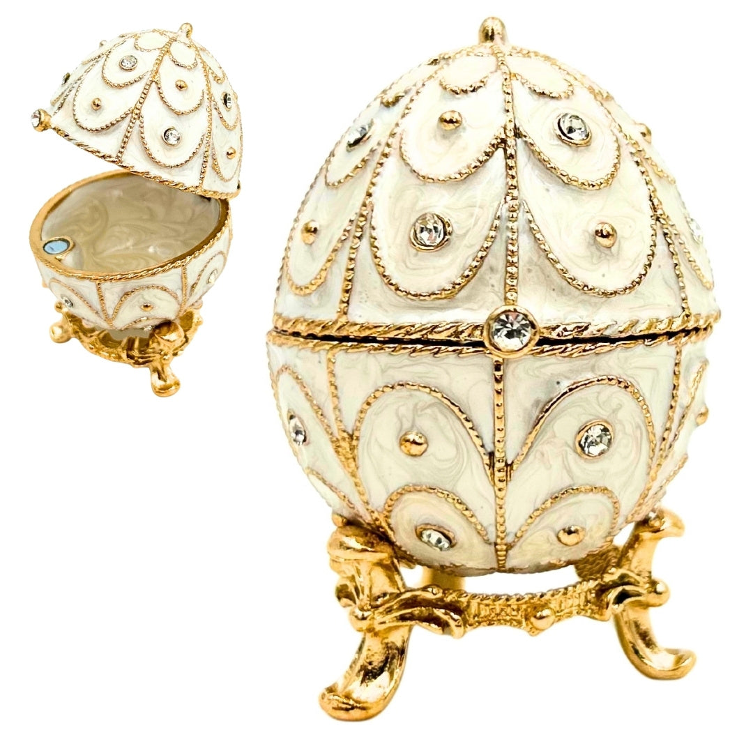 Esclusiva scatola uovo Fabergé in metallo con cristalli bianco-oro con possibilità di personalizzazione tramite incisione