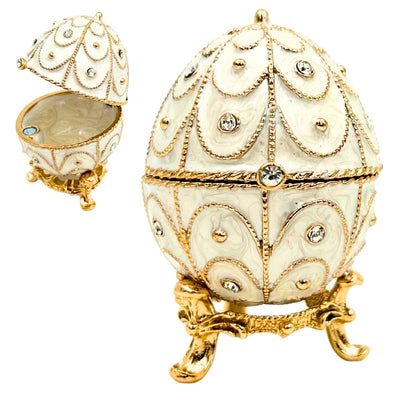 Esclusiva scatola uovo Fabergé in metallo con cristalli bianco-oro con possibilità di personalizzazione tramite incisione