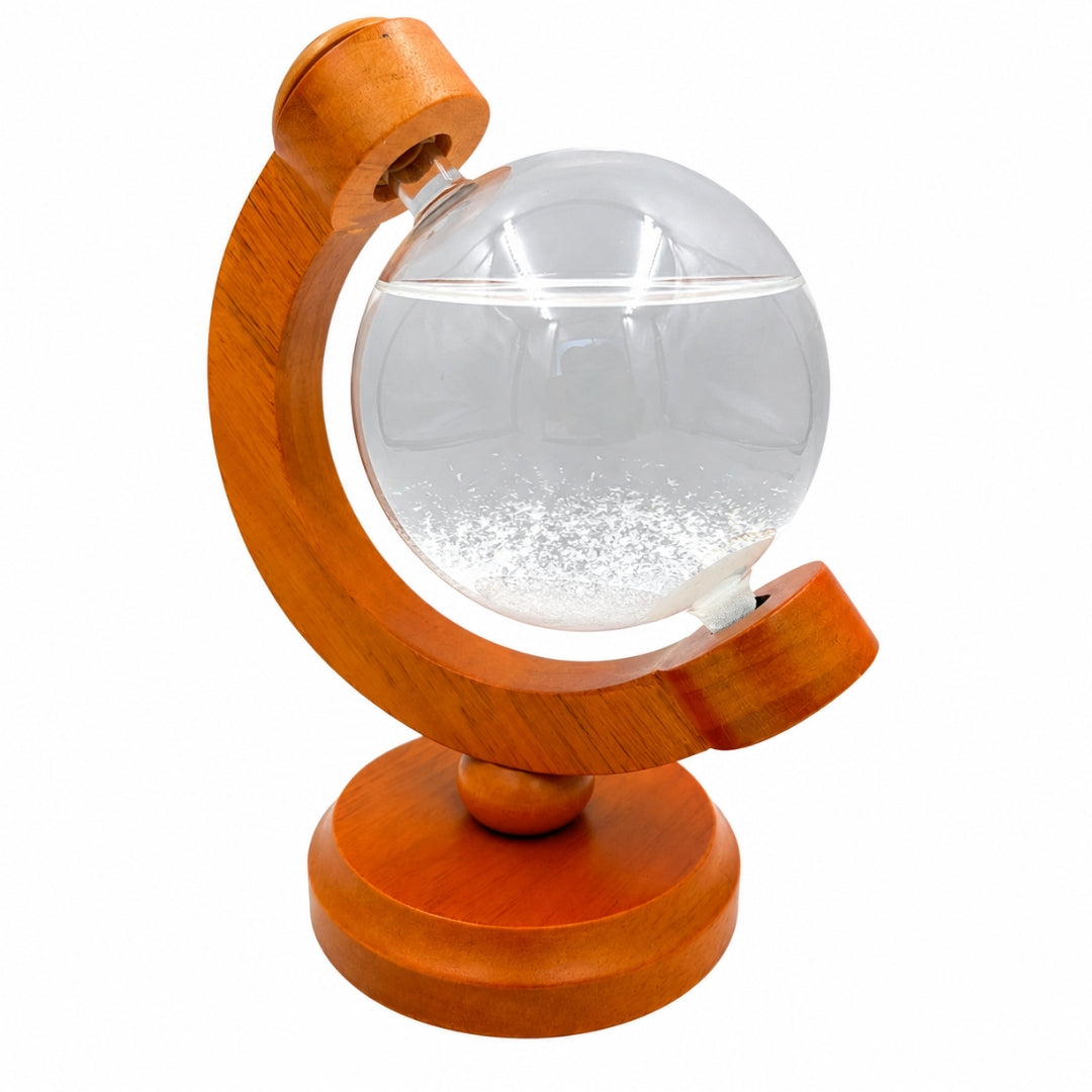 Barometro Temporalesco Fitzroya Globo con Possibilità di Incisione - Elegante Decorazione da Scrivania in Vetro e Legno, Altezza 18,5 cm