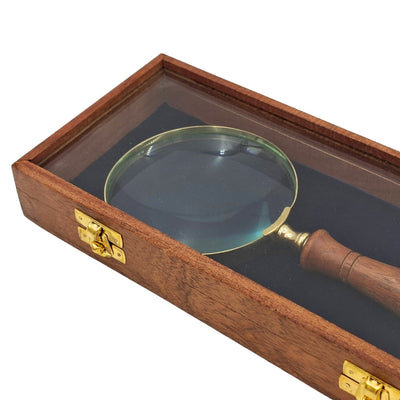 Lente d'ingrandimento con manico in legno e finiture in ottone in elegante scatola con coperchio in vetro - regalo ideale con possibilità di incisione - dimensioni 23 x 10 cm, materiali naturali