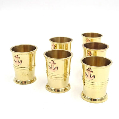 Set di 6 Bicchierini in Metallo con Ancora in Scatola di Legno - Ideale come Regalo con Possibilità di Personalizzazione Incisa - Ottone Dorato, Capacità 50 ml, Design Elegante per Amanti della Nautica
