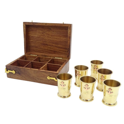 Set di 6 Bicchierini in Metallo con Ancora in Scatola di Legno - Ideale come Regalo con Possibilità di Personalizzazione Incisa - Ottone Dorato, Capacità 50 ml, Design Elegante per Amanti della Nautica